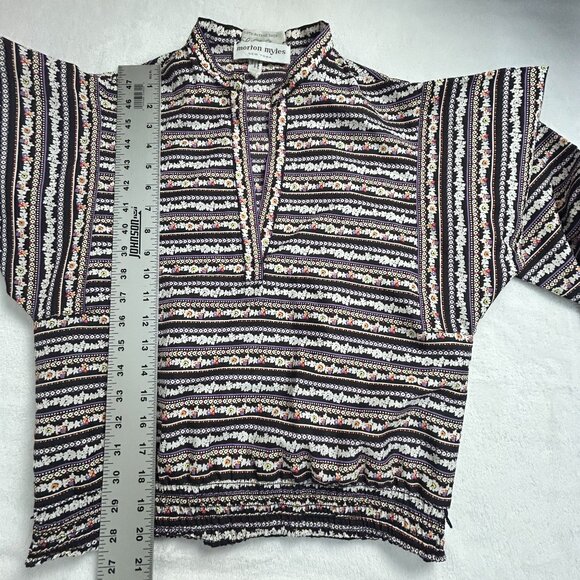 Morton Myles Vintage Boho Tunic Top Stripe Split Neck Long Sleeve Black Size 12 - Picture 7 of 8